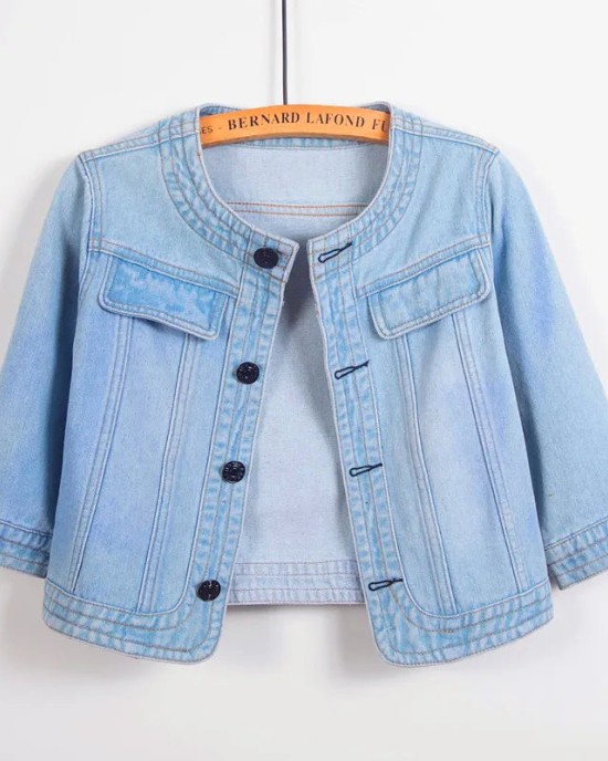 Women Denim Jackets Three-Quarter Sleeve O-Neck Single-Breasted Outerwear