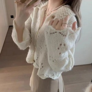 Women Hollow Out Sweet Sweater Buttons Up Cardigan Coat