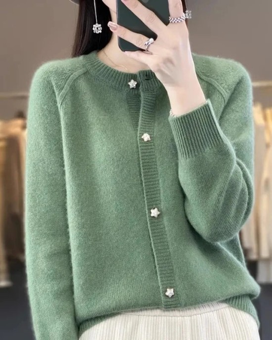 women's O-neck cardigan loose long-sleeved sweater top