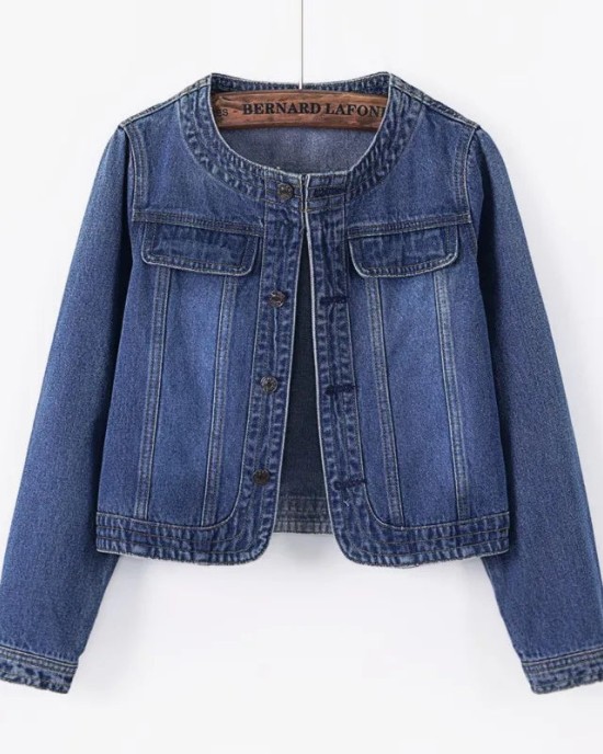 Women Denim Jackets Three-Quarter Sleeve O-Neck Single-Breasted Outerwear