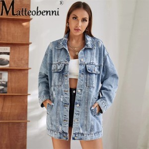 Vintage Style Loose Denim Jacket Long Sleeve Single-breasted Cardigan Coat