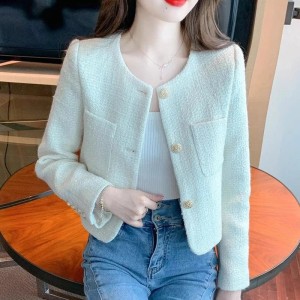 Fashion Tweed Cropped Jackets  Round Neck Chic Coat