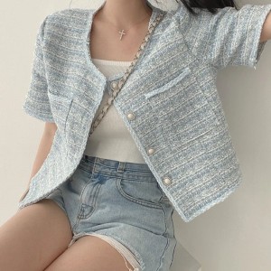 Women Single-breasted Cardigan Coat Elegant Tweed Jacket