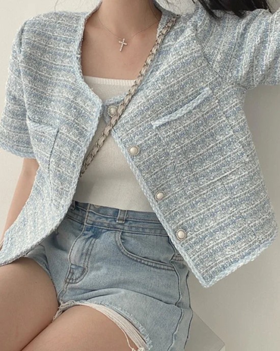 Women Single-breasted Cardigan Coat Elegant Tweed Jacket