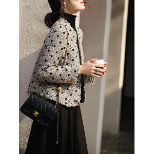 Style Fashion Tweed Wool Jacket Retro Classic Elegant V-neck Short Jacket