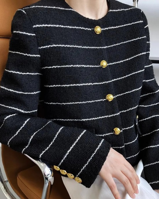 Women's Striped Flap Coat Fashion Tweed Jackets