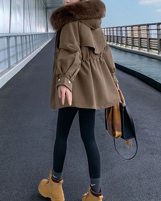 Women Zipper Warm Hooded Parkas Long Sleeve Waist Coat