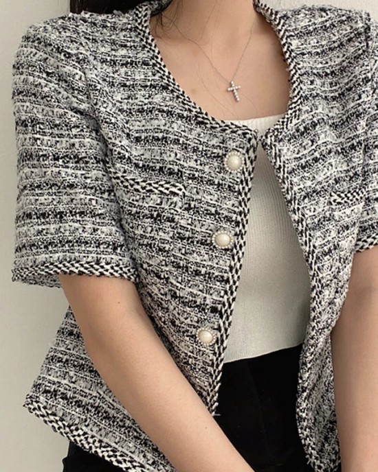 Women Chic Elegant Tweed Cardigan Short Coat