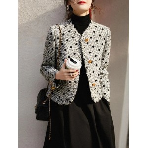 Style Fashion Tweed Wool Jacket Retro Classic Elegant V-neck Short Jacket