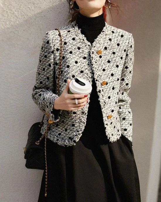 Style Fashion Tweed Wool Jacket Retro Classic Elegant V-neck Short Jacket