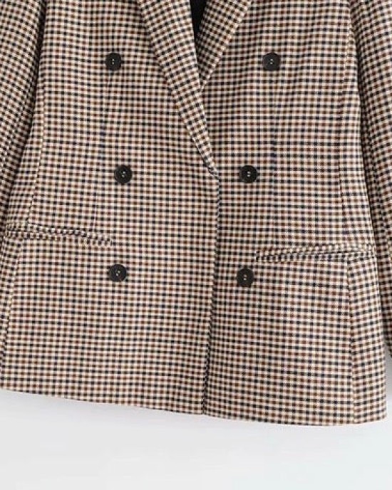 Vintage Casual Plaid Blazer Fashion Double Breasted Office