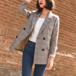 Vintage Double Breasted Plaid Women Pockets Blazer