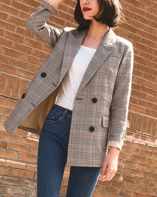 Vintage Double Breasted Plaid Women Pockets Blazer