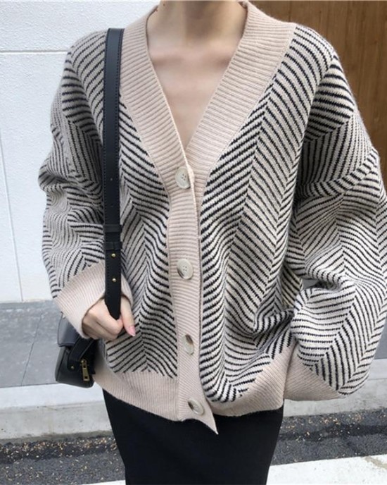 Fashionable Striped Casual V-Neck Cardigans Single Breasted