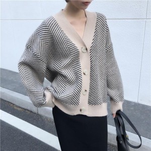 Fashionable Striped Casual V-Neck Cardigans Single Breasted