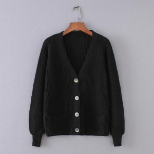 Cozy Ribbed Knit Cardigan V-neck Front Pocket Button