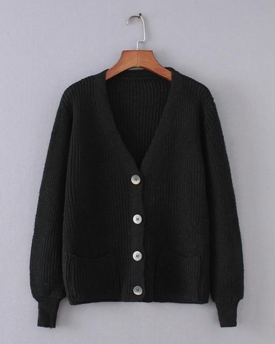 Cozy Ribbed Knit Cardigan V-neck Front Pocket Button