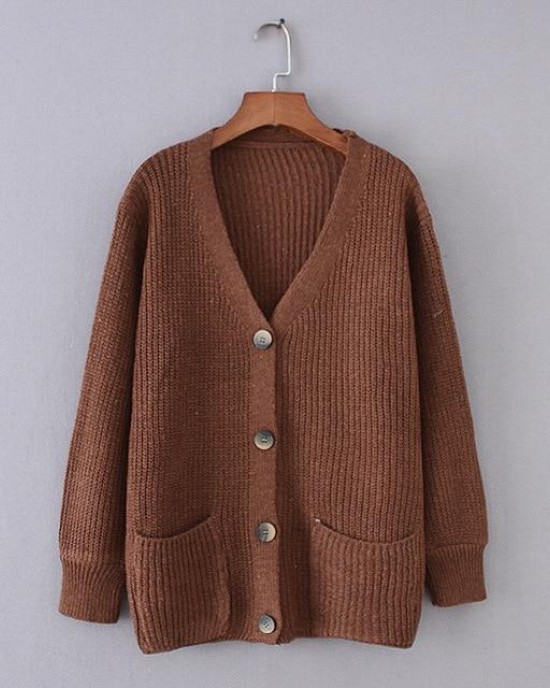 Cozy Ribbed Knit Cardigan V-neck Front Pocket Button