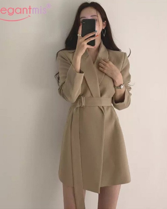 Long Blazers Jacket With Belt Notched Outerwear Office