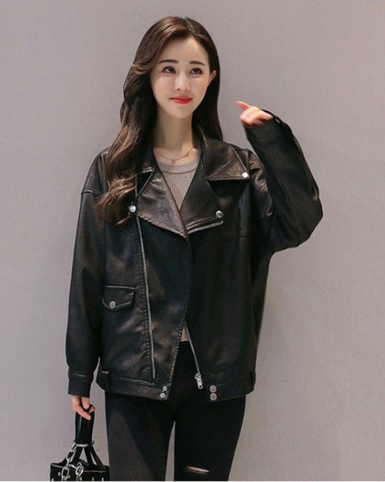 Loose Faux Leather Jacket BF Oversized Soft Pu Leather Outerwear