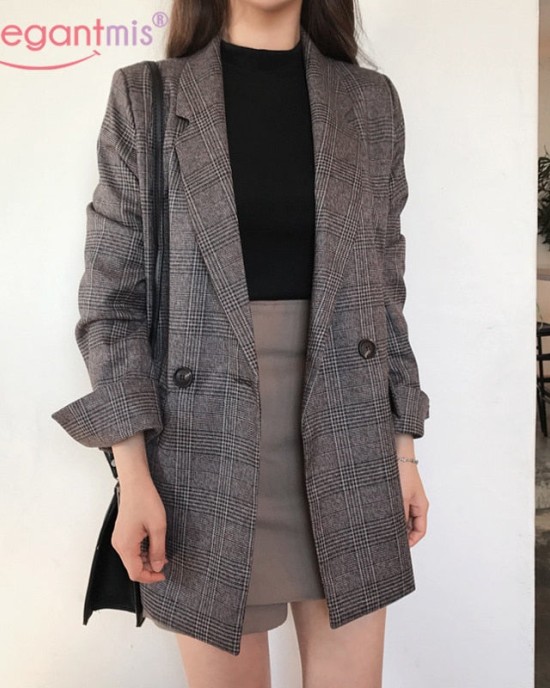 Elegant Plaid Blazers and Jackets Work Office Lady Vintage