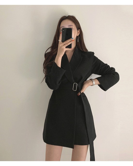 Long Blazers Jacket With Belt Notched Outerwear Office