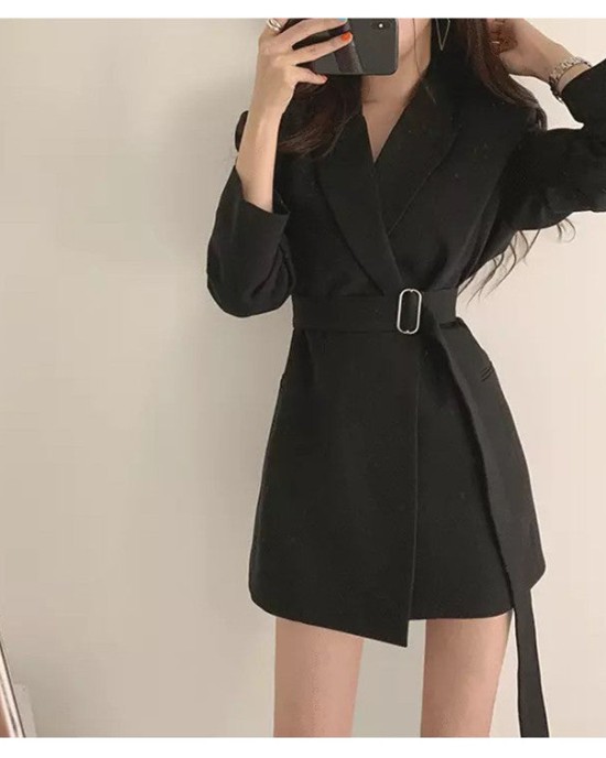 Long Blazers Jacket With Belt Notched Outerwear Office