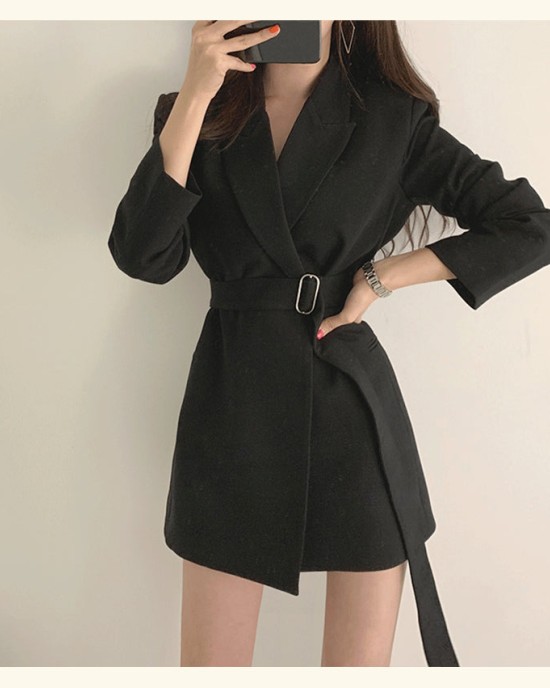 Long Blazers Jacket With Belt Notched Outerwear Office