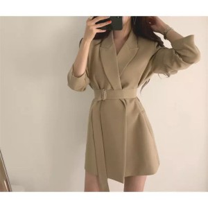 Long Blazers Jacket With Belt Notched Outerwear Office