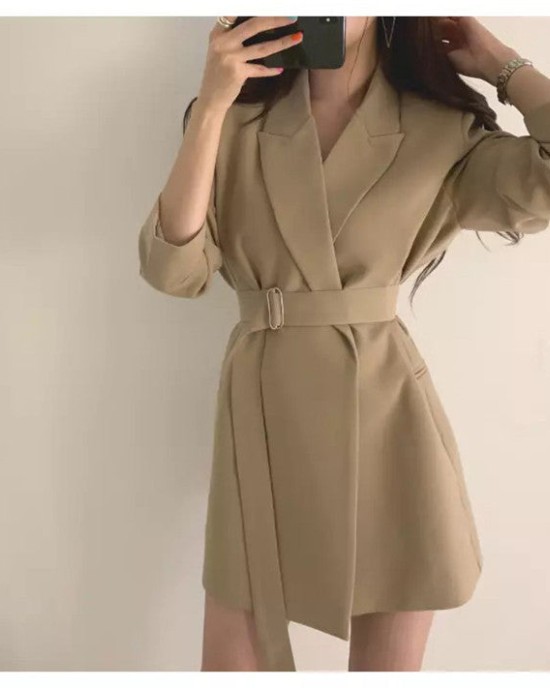 Long Blazers Jacket With Belt Notched Outerwear Office