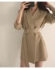 Long Blazers Jacket With Belt Notched Outerwear Office