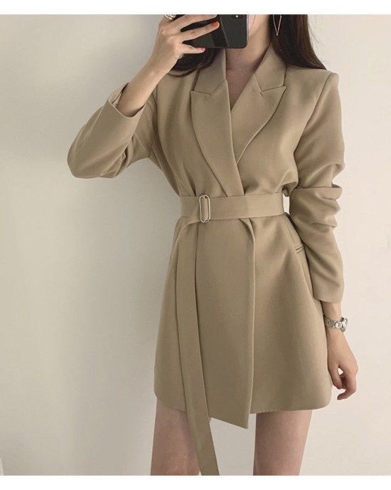 Long Blazers Jacket With Belt Notched Outerwear Office