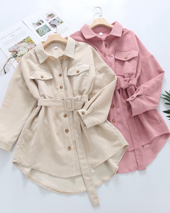 Women Solid Corduroy Batwing Sleeve Vintage Shirt Jacket With Belt