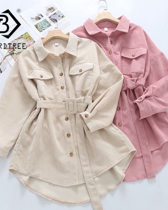 Women Solid Corduroy Batwing Sleeve Vintage Shirt Jacket With Belt