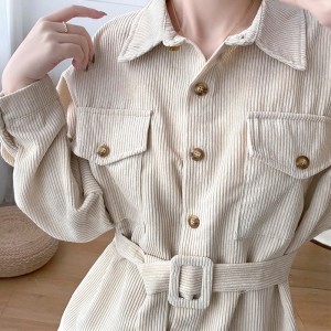 Women Solid Corduroy Batwing Sleeve Vintage Shirt Jacket With Belt