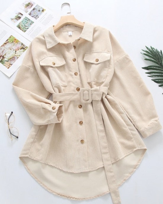 Women Solid Corduroy Batwing Sleeve Vintage Shirt Jacket With Belt