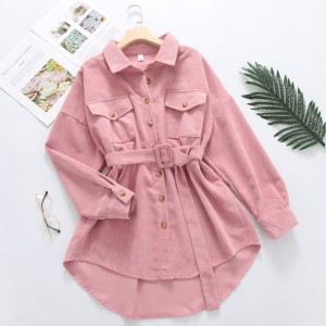 Women Solid Corduroy Batwing Sleeve Vintage Shirt Jacket With Belt