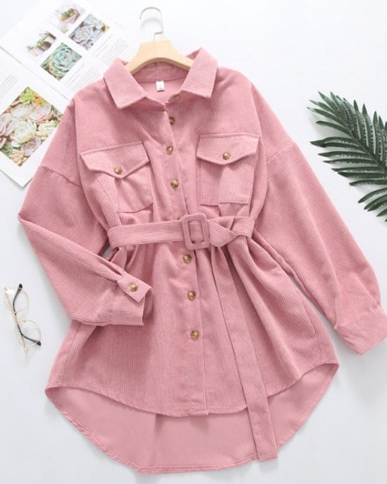 Women Solid Corduroy Batwing Sleeve Vintage Shirt Jacket With Belt