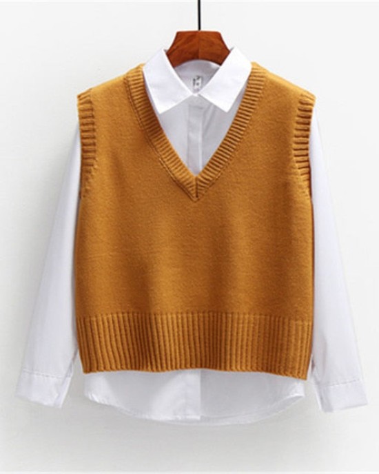 Short Loose Knitted Sweater Sleeveless V-Neck Pullover Tops