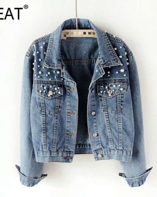 Fashion Women’s Denim Jacket Full Sleeve Loose Button Pearls Short