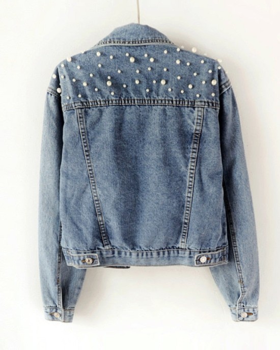 Fashion Women’s Denim Jacket Full Sleeve Loose Button Pearls Short