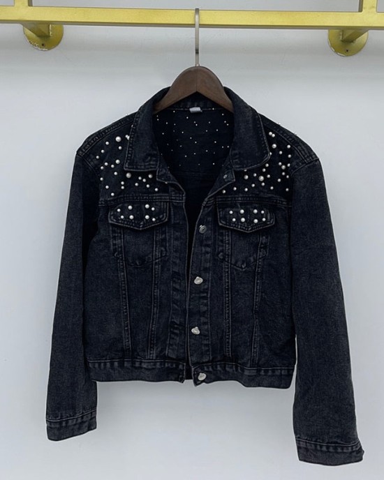 Fashion Women’s Denim Jacket Full Sleeve Loose Button Pearls Short