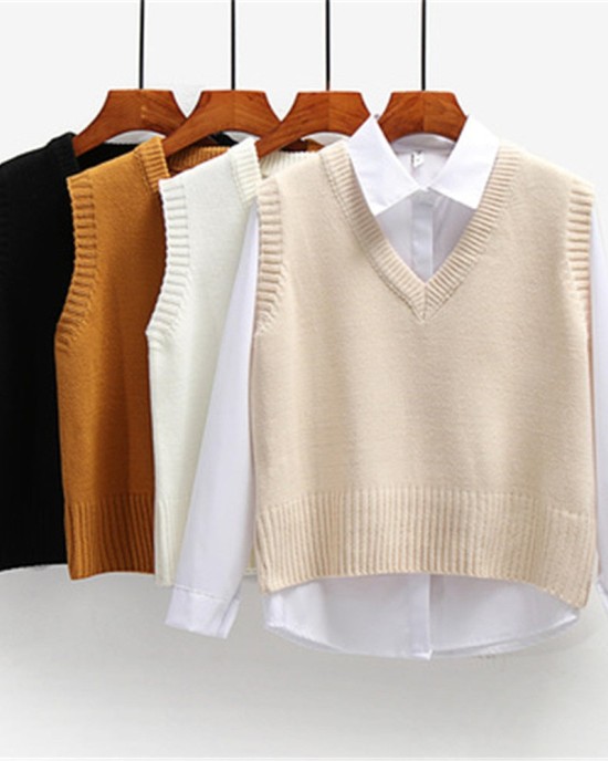 Short Loose Knitted Sweater Sleeveless V-Neck Pullover Tops