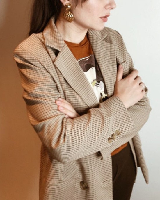 Classic Plaid Double Breasted  Notched Collar  Blazer