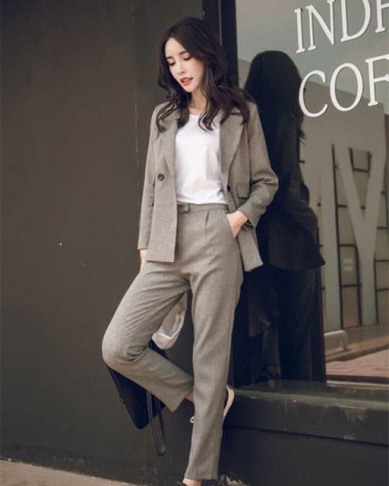 Women Suit Gray Casual Blazer & High Waist Pant Office Lady Notched