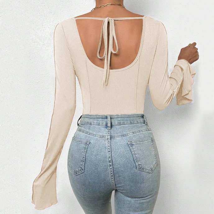 Autumn and Winter Sexy Slim Fit Square Neck Flare Sleeves Off Back Inner Laydown T-shirt jumpsuit Autumn and Winter Sexy Slim Fit Square Neck Flare Sleeves Off Back Inner Laydown T-shirt jumpsuit