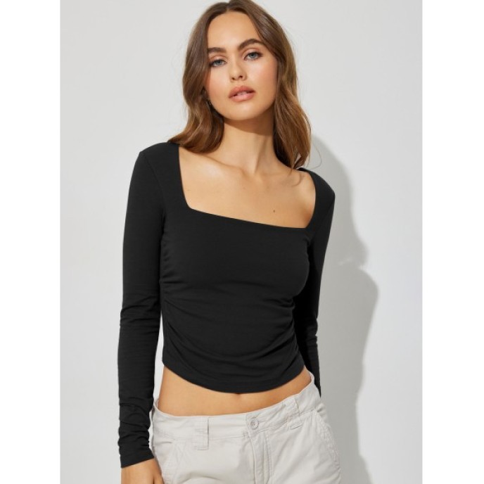 Sexy backless inner women's knitwear long-sleeved t-shirt spicy girl blouse square neck bottoming shirt