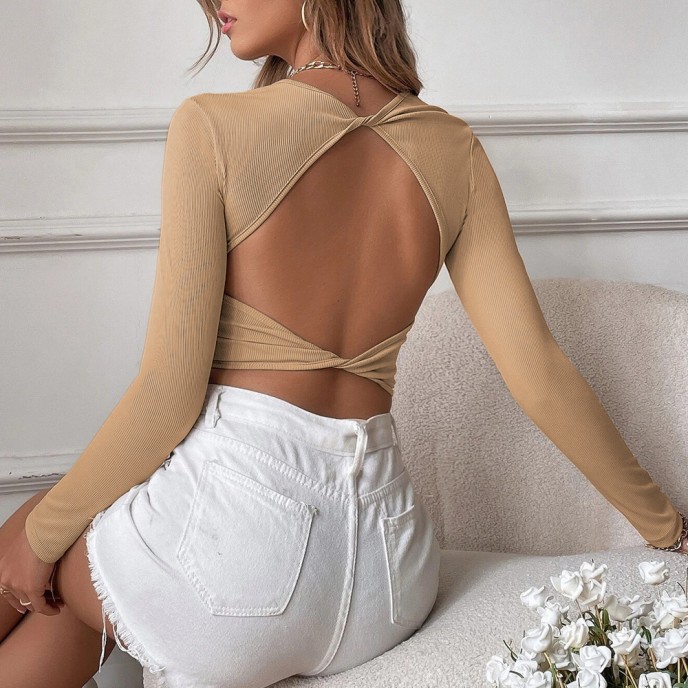 2025 Women's Sexy Backless Casual Short Slim Knit Long Sleeve T-shirt Top Bottom Outer Wear 2025 Women's Sexy Backless Casual Short Slim Knit Long Sleeve T-shirt Top Bottom Outer Wear