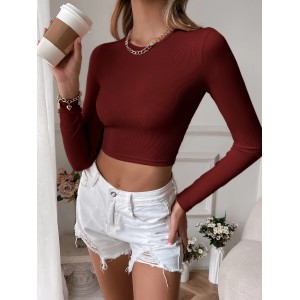 2025 Women's Sexy Backless Casual Short Slim Knit Long Sleeve T-shirt Top Bottom Outer Wear