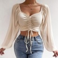 2025 Spring and Autumn Splicing Chiffon Drawstring Lantern Sleeve Tight Fashion Women's Tops T-Shirt 2025 Spring and Autumn Splicing Chiffon Drawstring Lantern Sleeve Tight Fashion Women's Tops T-Shirt